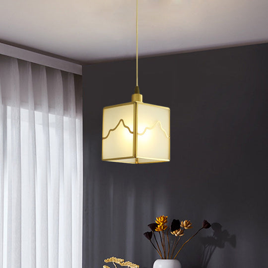Minimalist Brass Cube Hanging Light Kit - Translucent Glass Suspension Lamp With 1-Light