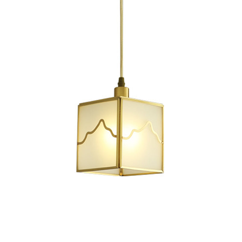 Minimalist Brass Cube Hanging Light Kit - Translucent Glass Suspension Lamp With 1-Light