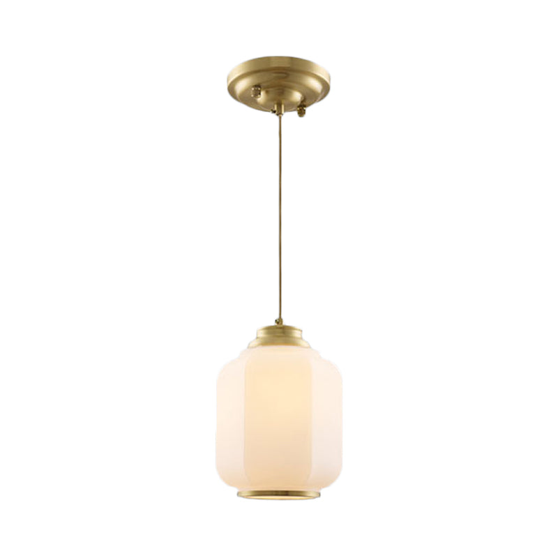 Traditional Opal Glass Lantern Ceiling Lamp With Brass Suspension - Perfect For Hallways