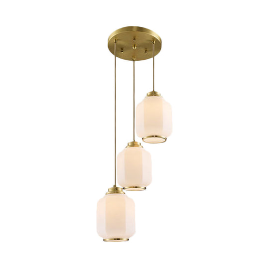 Brass Multi Ceiling Lantern Pendant Lamp With White Glass - 3-Light Traditional Fixture
