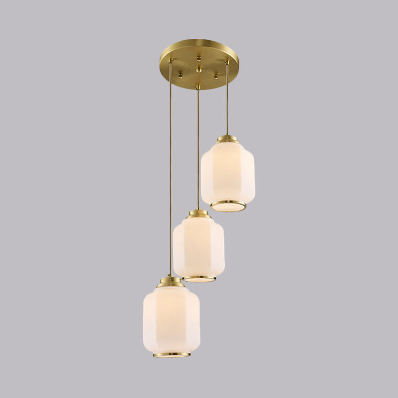 Brass Multi Ceiling Lantern Pendant Lamp With White Glass - 3-Light Traditional Fixture