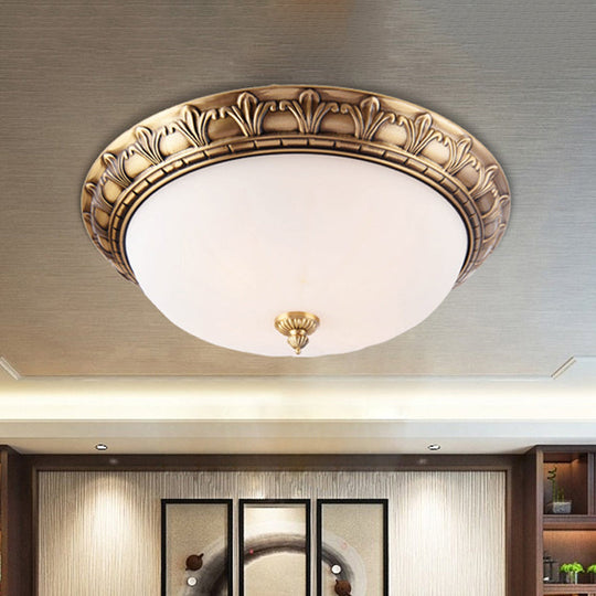 Colonial Style Brass Finish Flush Mount Ceiling Light, 2/3/4 Heads, White Frosted Glass, 12"/16"/19.5" Wide