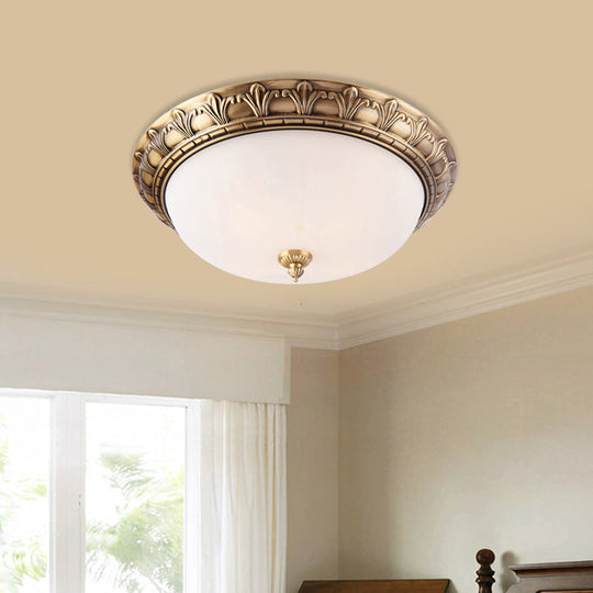 Colonial Style Brass Finish Flush Mount Ceiling Light, 2/3/4 Heads, White Frosted Glass, 12"/16"/19.5" Wide