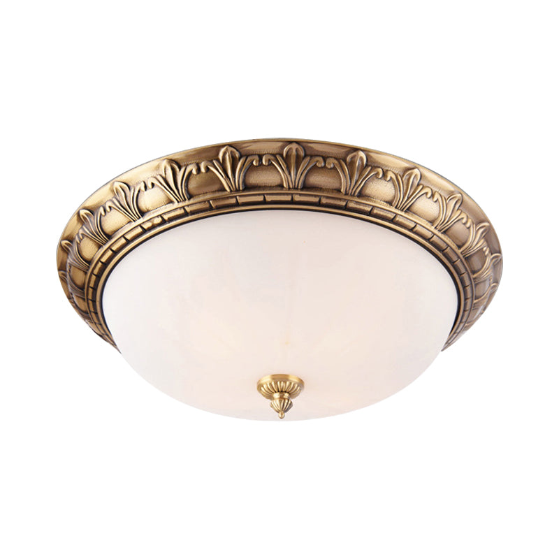 Colonial Style Brass Finish Flush Mount Ceiling Light, 2/3/4 Heads, White Frosted Glass, 12"/16"/19.5" Wide
