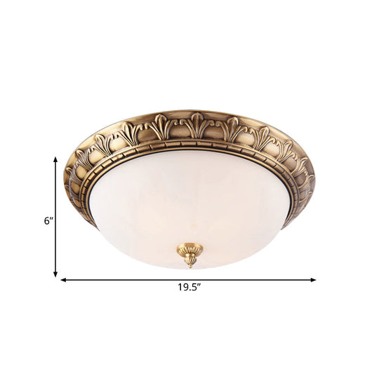 Colonial Style Brass Finish Flush Mount Ceiling Light, 2/3/4 Heads, White Frosted Glass, 12"/16"/19.5" Wide