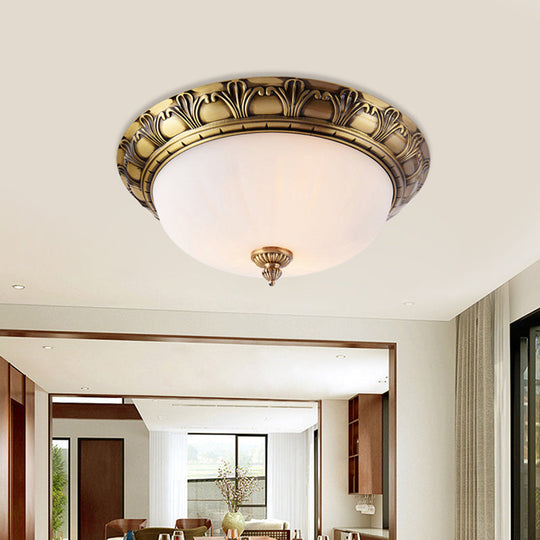 Colonial Style Brass Finish Flush Mount Ceiling Light, 2/3/4 Heads, White Frosted Glass, 12"/16"/19.5" Wide