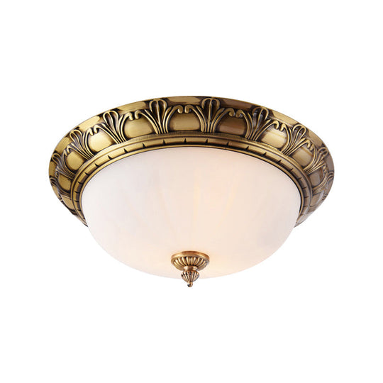 Colonial Style Brass Finish Flush Mount Ceiling Light 2/3/4 Heads White Frosted Glass 12/16/19.5