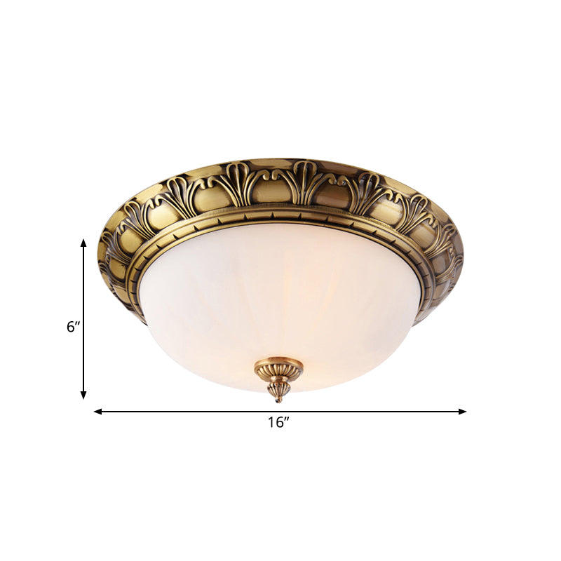 Colonial Style Brass Finish Flush Mount Ceiling Light, 2/3/4 Heads, White Frosted Glass, 12"/16"/19.5" Wide