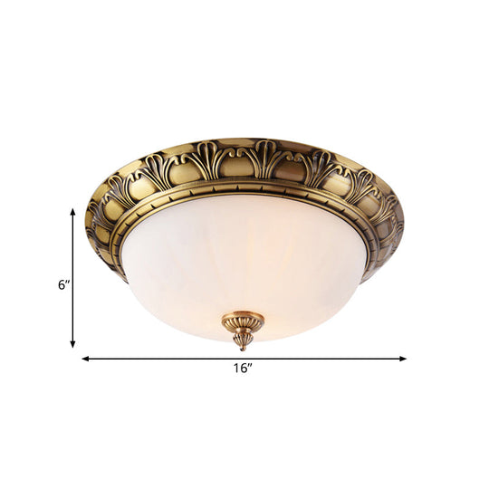 Colonial Style Brass Finish Flush Mount Ceiling Light, 2/3/4 Heads, White Frosted Glass, 12"/16"/19.5" Wide