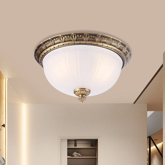 Colonial Style Brass Finish Flush Mount Ceiling Light, 2/3/4 Heads, White Frosted Glass, 12"/16"/19.5" Wide