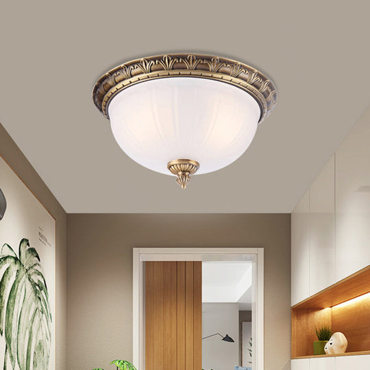 Colonial Style Brass Finish Flush Mount Ceiling Light, 2/3/4 Heads, White Frosted Glass, 12"/16"/19.5" Wide