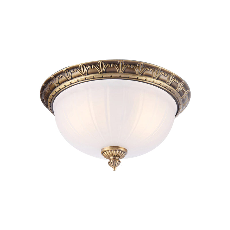 Colonial Style Brass Finish Flush Mount Ceiling Light, 2/3/4 Heads, White Frosted Glass, 12"/16"/19.5" Wide
