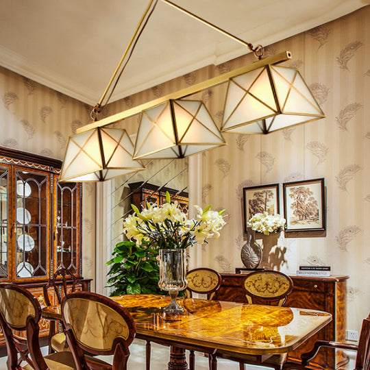 Colonial Style Opal Glass Pendant Light With Tapered Island Design - 3 Bulbs Brass Finish