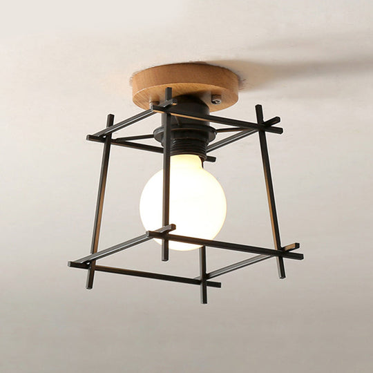 Modern Black Flush Mount Ceiling Lamp With Circle Metal/Wood Canopy