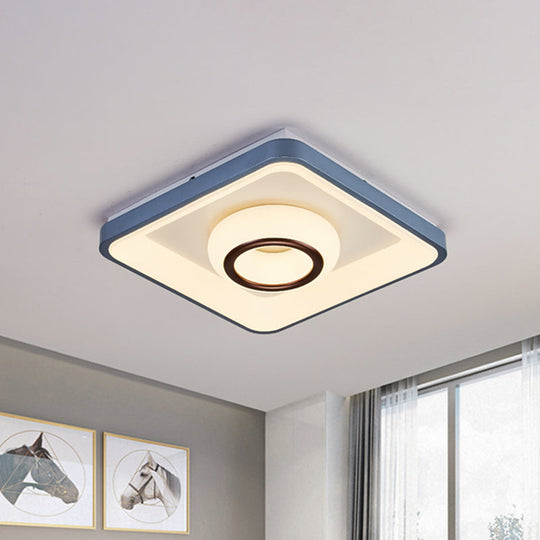 Modern Acrylic LED Flush Mount Lamp with Blue-White Triangle, Bubble, and Circle Patterns - Square Frame, Ceiling Light