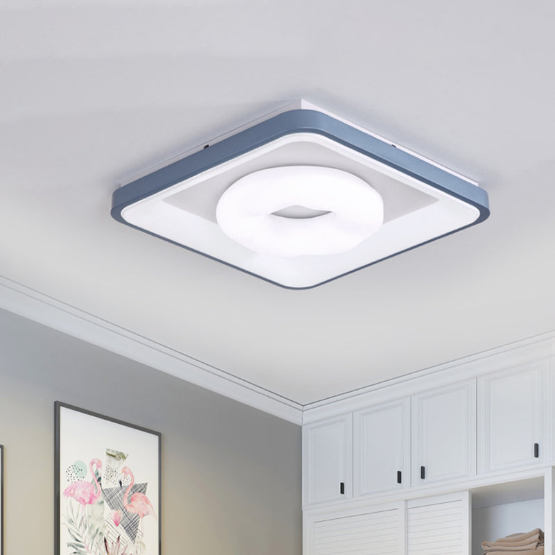 Modern Acrylic LED Flush Mount Lamp with Blue-White Triangle, Bubble, and Circle Patterns - Square Frame, Ceiling Light