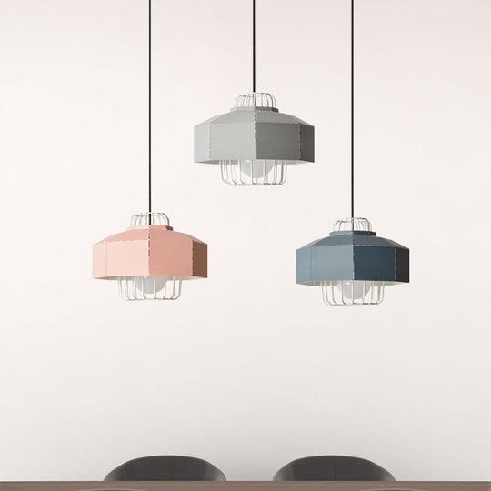 Macaron Faceted Barn Shaped Pendant Light - Iron 3 Heads Black Canopy Living Room Multi-Hanging