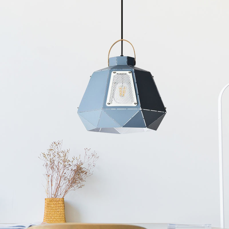 Laser-Cut Iron Pendant Lamp: Macaron 1-Light Black/Grey/Blue Suspension Lighting With Mesh Screen