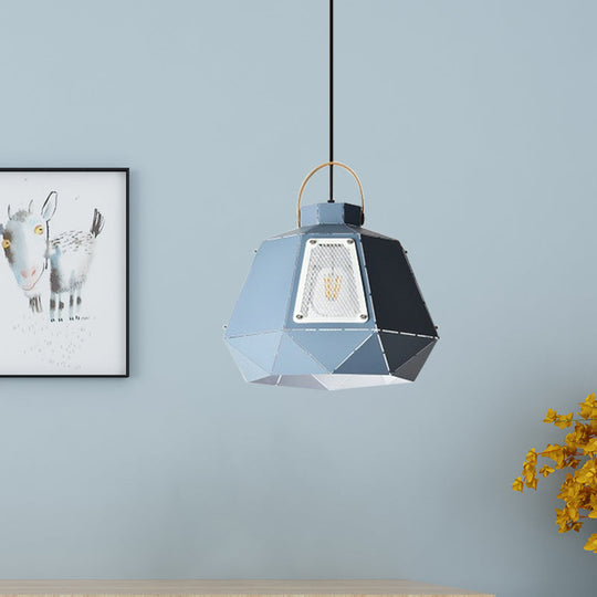 Laser-Cut Iron Pendant Lamp: Macaron 1-Light Black/Grey/Blue Suspension Lighting With Mesh Screen