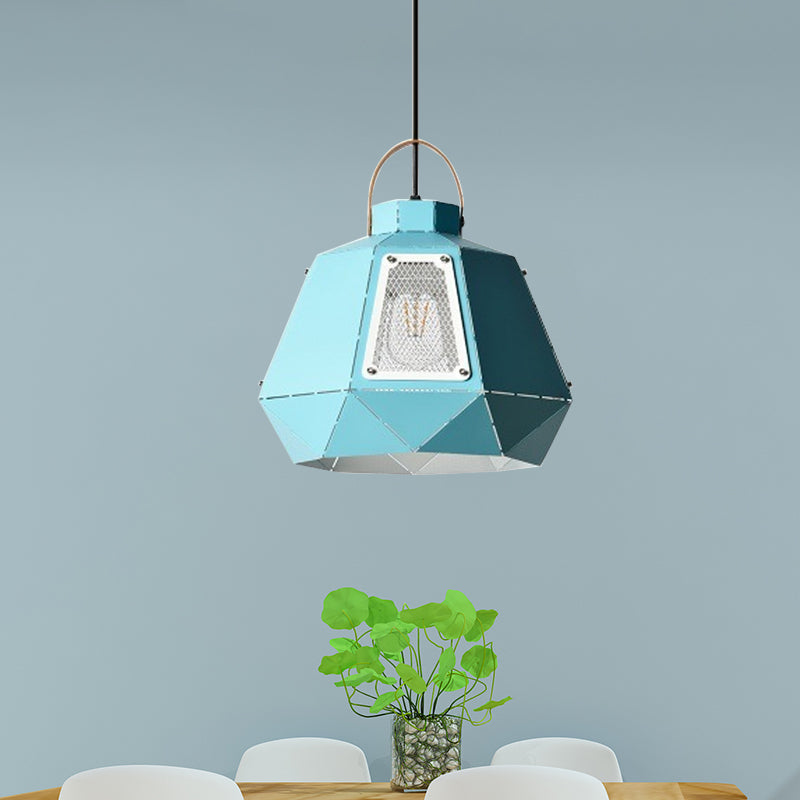 Laser-Cut Iron Pendant Lamp: Macaron 1-Light Black/Grey/Blue Suspension Lighting With Mesh Screen