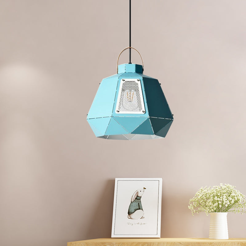 Laser-Cut Iron Pendant Lamp: Macaron 1-Light Black/Grey/Blue Suspension Lighting With Mesh Screen