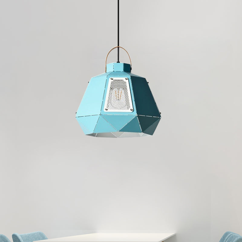 Laser-Cut Iron Pendant Lamp: Macaron 1-Light Black/Grey/Blue Suspension Lighting With Mesh Screen