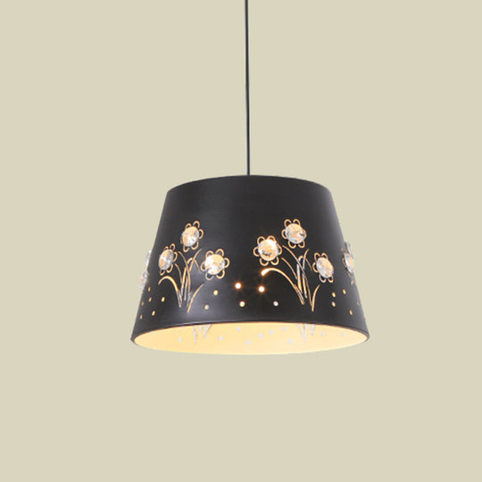 Nordic Tapered Hollowed Out Iron Pendant - 1-Head Hanging Ceiling Light With Crystal Accent