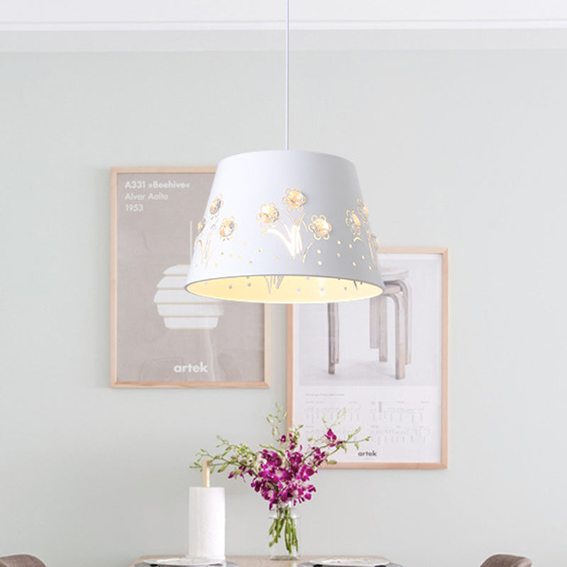 Nordic Tapered Hollowed Out Iron Pendant - 1-Head Hanging Ceiling Light With Crystal Accent