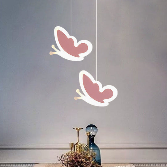 Childrens Led Pendant Light: White/Pink Flower Heart Butterfly Design With Acrylic Shade