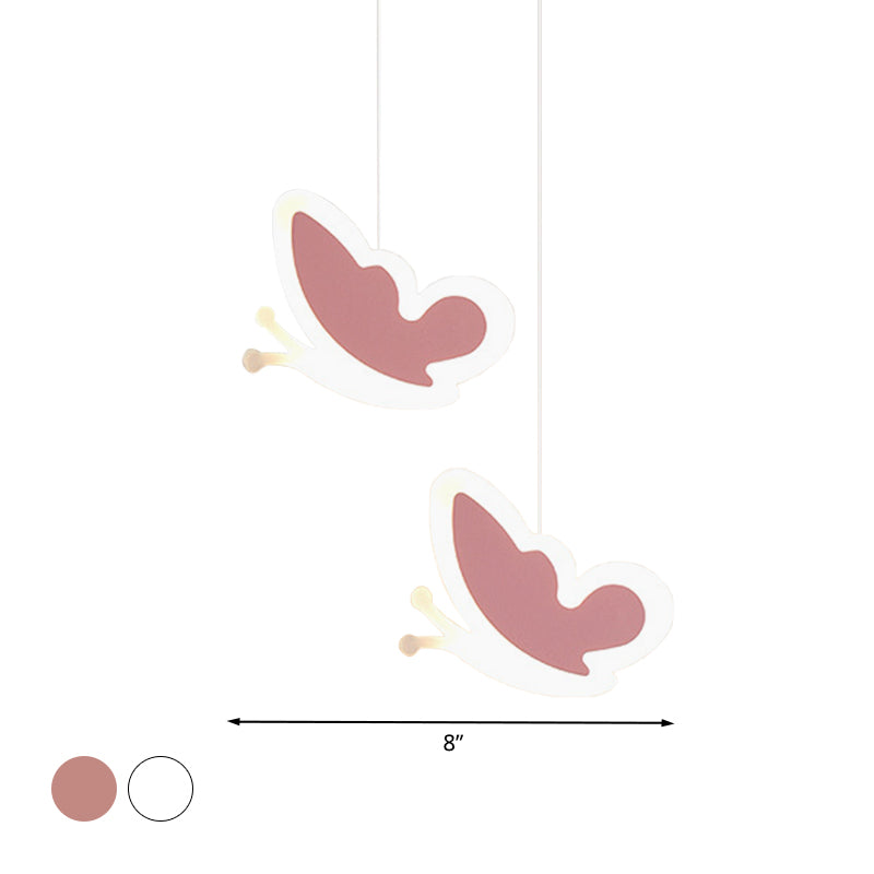 Childrens Led Pendant Light: White/Pink Flower Heart Butterfly Design With Acrylic Shade
