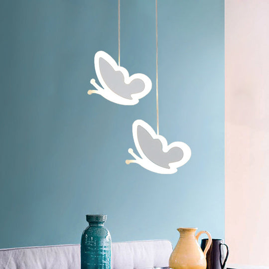 Childrens Led Pendant Light: White/Pink Flower Heart Butterfly Design With Acrylic Shade