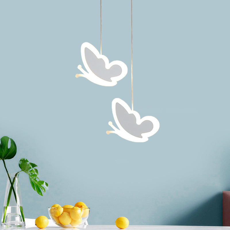 Childrens Led Pendant Light: White/Pink Flower Heart Butterfly Design With Acrylic Shade