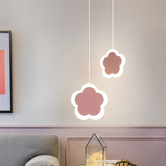 Childrens Led Pendant Light: White/Pink Flower Heart Butterfly Design With Acrylic Shade