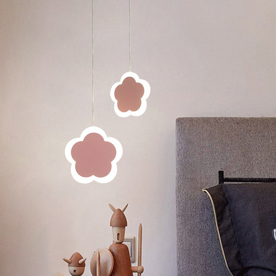 Childrens Led Pendant Light: White/Pink Flower Heart Butterfly Design With Acrylic Shade
