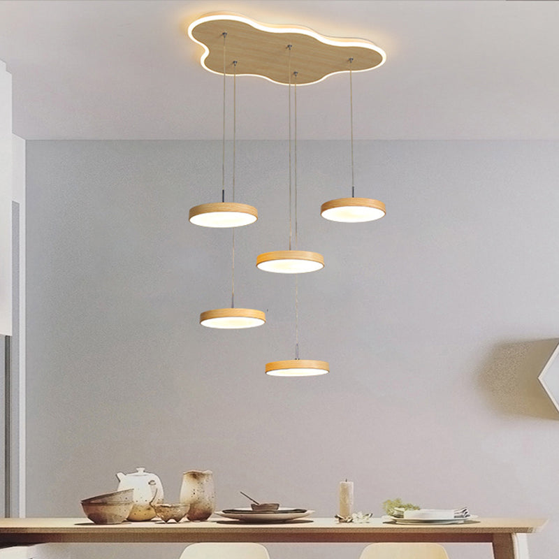Nordic Cluster Pendant Light Fixture: Wood Disc Design 3/5-Head Metal Hanging With Glowing Canopy 5