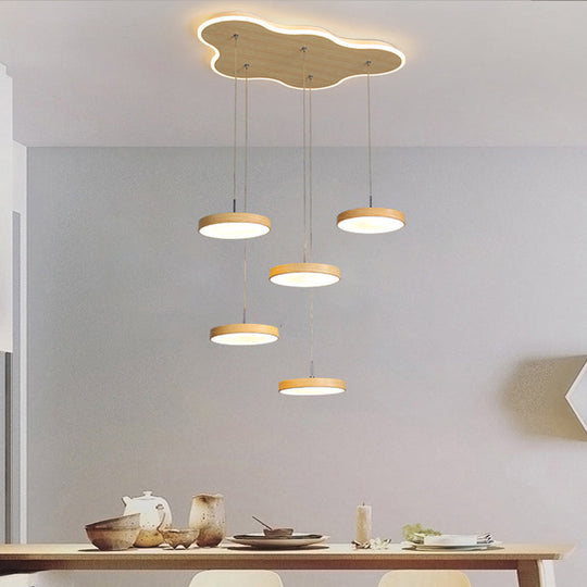 Nordic Cluster Pendant Light Fixture: Wood Disc Design 3/5-Head Metal Hanging With Glowing Canopy 5