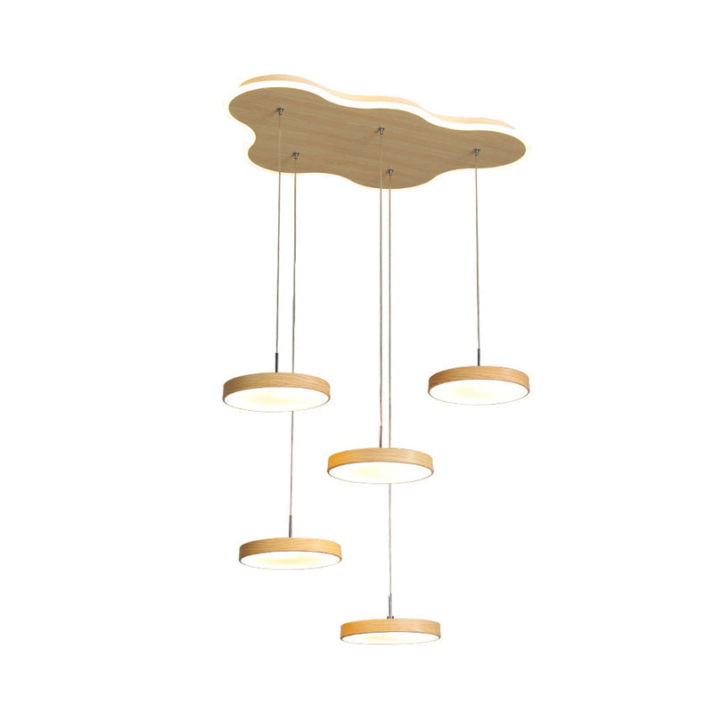 Nordic Cluster Pendant Light Fixture: Wood Disc Design 3/5-Head Metal Hanging With Glowing Canopy