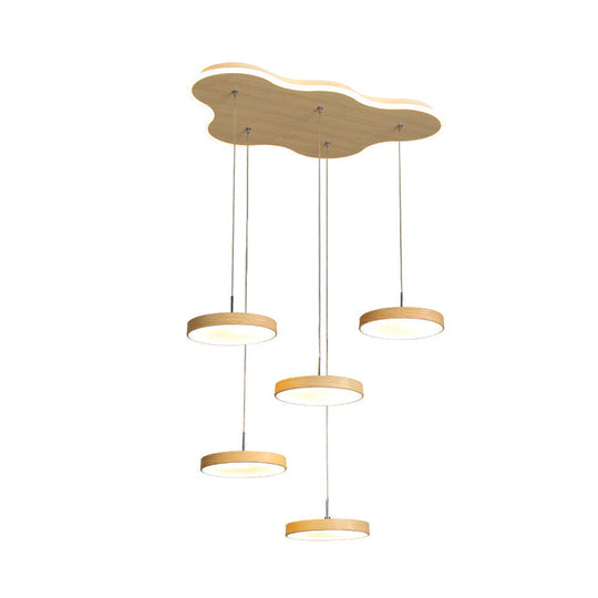 Nordic Cluster Pendant Light Fixture: Wood Disc Design 3/5-Head Metal Hanging With Glowing Canopy