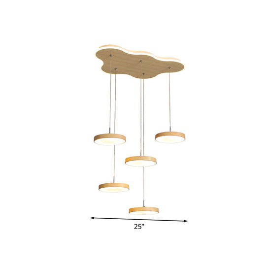 Nordic Cluster Pendant Light Fixture: Wood Disc Design 3/5-Head Metal Hanging With Glowing Canopy