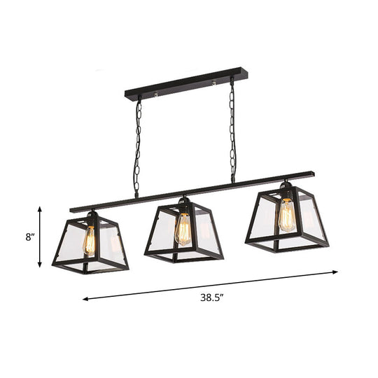 Countryside Clear Glass Island Pendant Light With Black Frame - 3 Bulbs