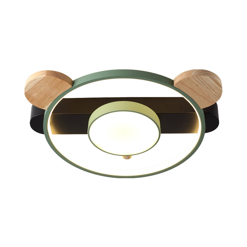 Bear Design Acrylic LED Ceiling Flush Light - Cartoon White/Green Wood Finish