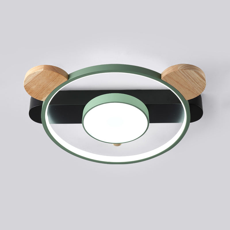 Bear Design Acrylic LED Ceiling Flush Light - Cartoon White/Green Wood Finish
