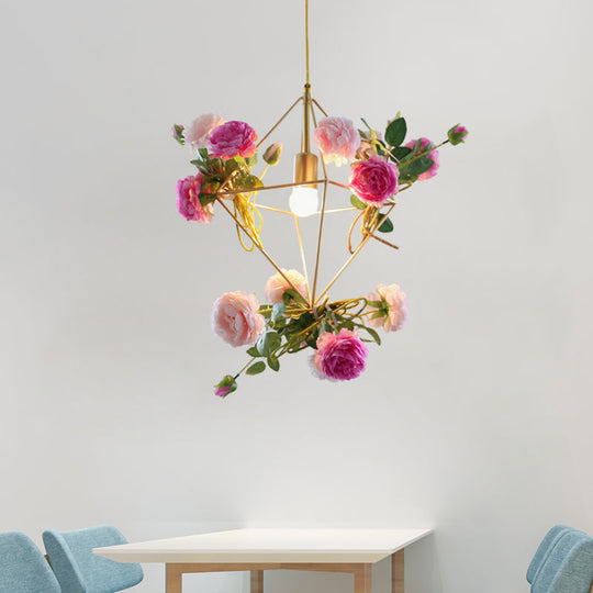 Vintage Gold Diamond Cage Pendant Light Kit - 14/18 H Dining Room Hanging Lamp With Fake Flower