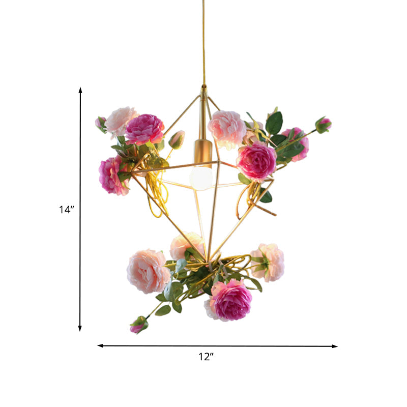 Vintage Diamond Cage Pendant Light Kit - 14"/18" H, 1-Light Metal Hanging Lamp in Gold with Faux Flower