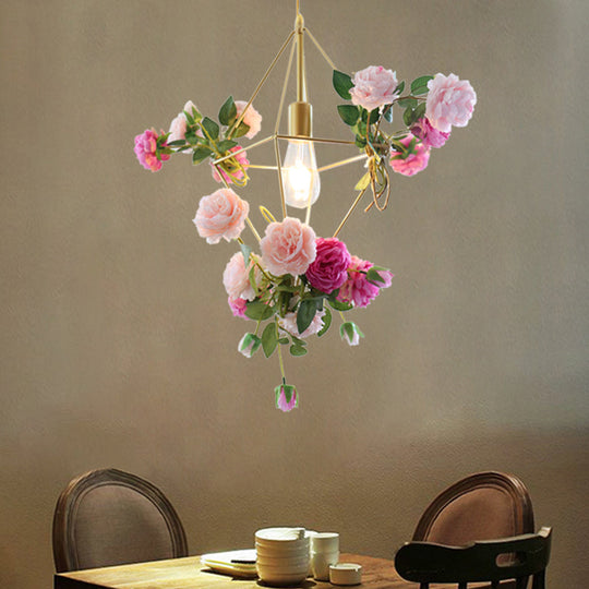 Vintage Gold Diamond Cage Pendant Light Kit - 14/18 H Dining Room Hanging Lamp With Fake Flower