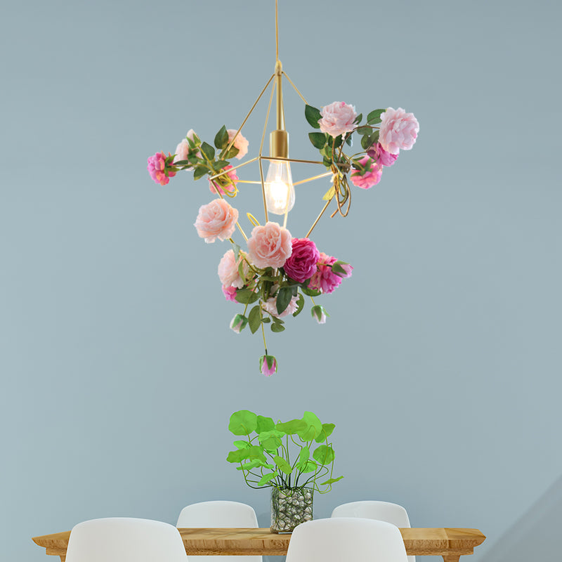 Vintage Diamond Cage Pendant Light Kit - 14"/18" H, 1-Light Metal Hanging Lamp in Gold with Faux Flower