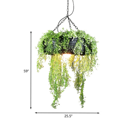 Industrial Metal Hanging Lamp Kit - Tyre Dining Room Ceiling Fixture with Vine-inspired Fake Deco - Green Finish