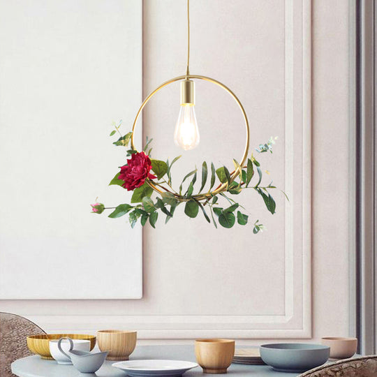 Gold Drop Pendant Iron Triangle/Square/Rectangle Farm Frame Suspension Lighting With Faux Rose