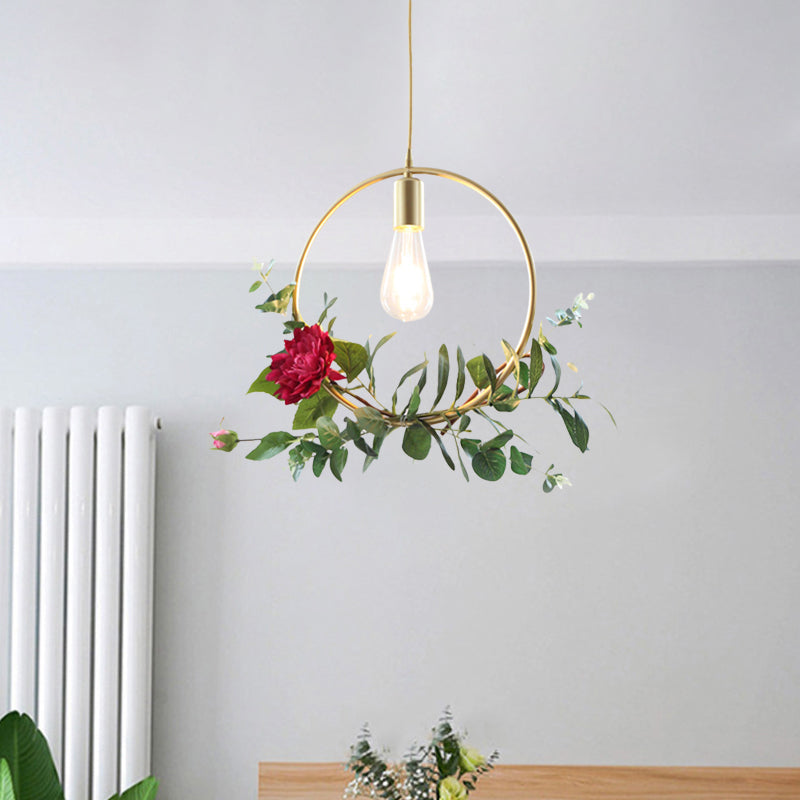 Gold Drop Pendant Iron Triangle/Square/Rectangle Farm Frame Suspension Lighting With Faux Rose