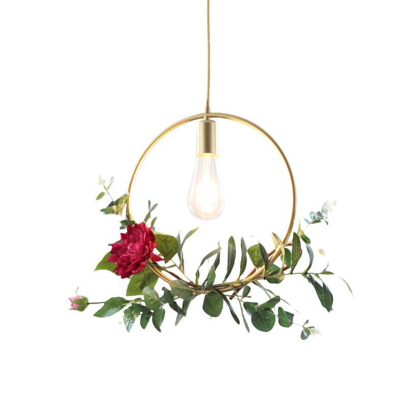 Gold Drop Pendant Iron Triangle/Square/Rectangle Farm Frame Suspension Lighting With Faux Rose